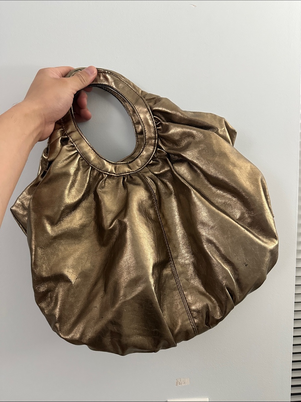 Metallic Bronze Circular Handle Tote Bag with Zipper